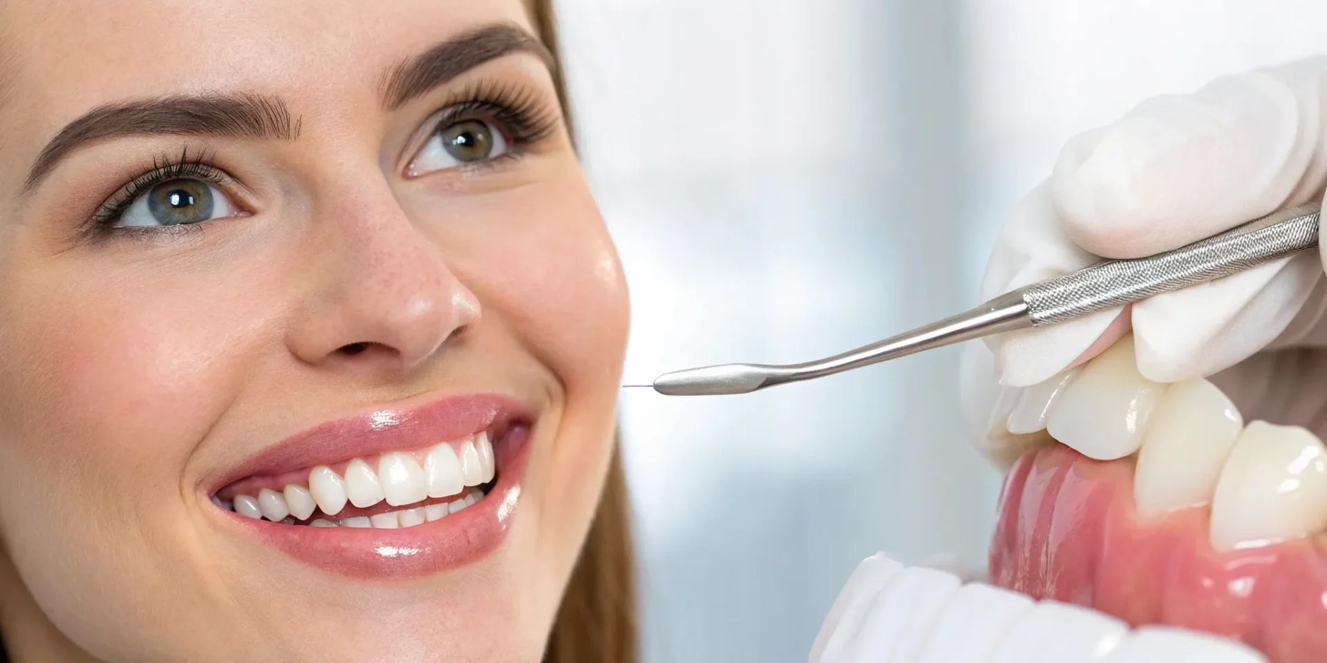 Woman in a dental chair discussing the cost of 2 front teeth veneers and insurance with her dentist.