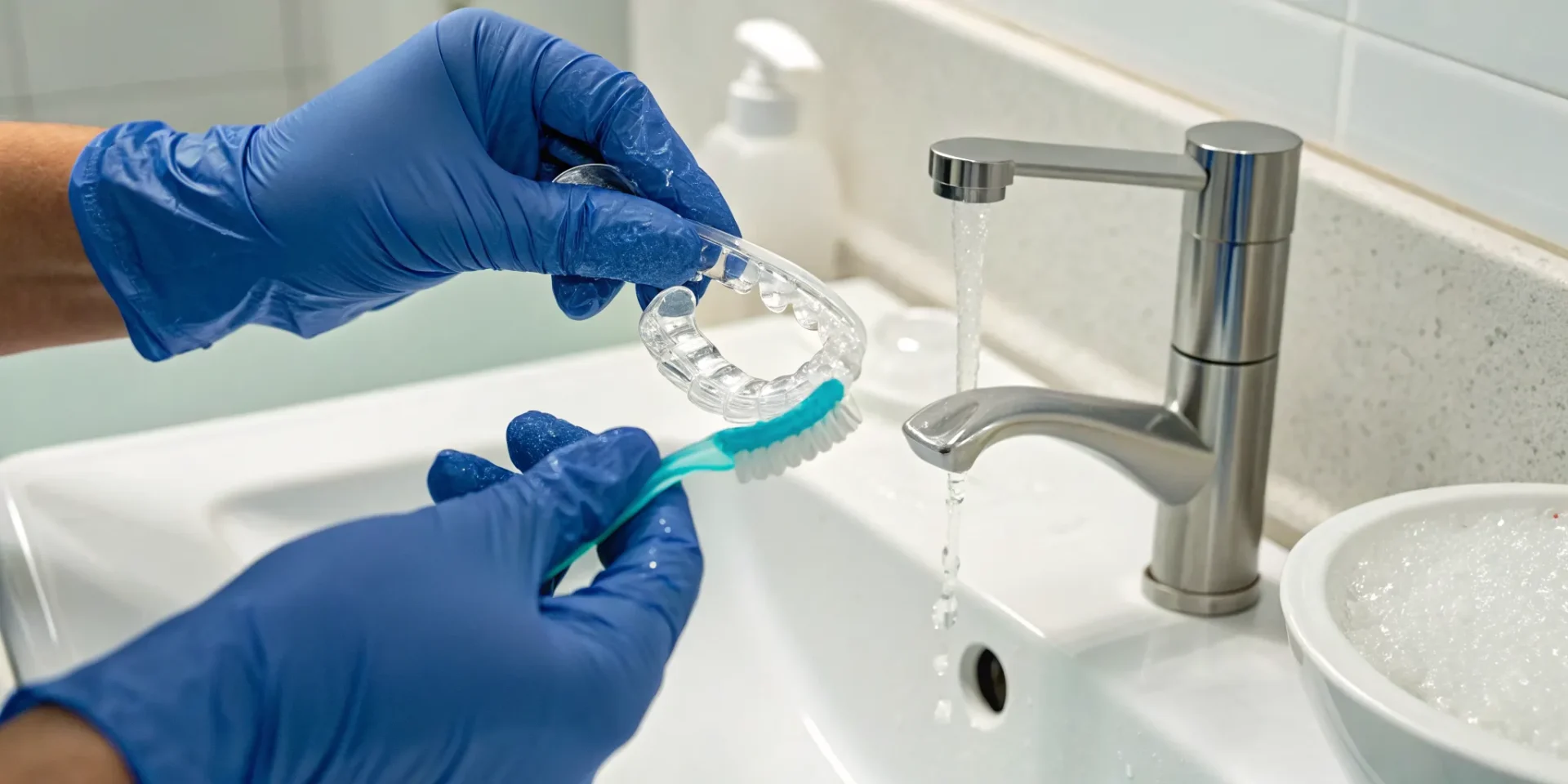 Cleaning a night guard with a toothbrush to prevent a bacterial infection.