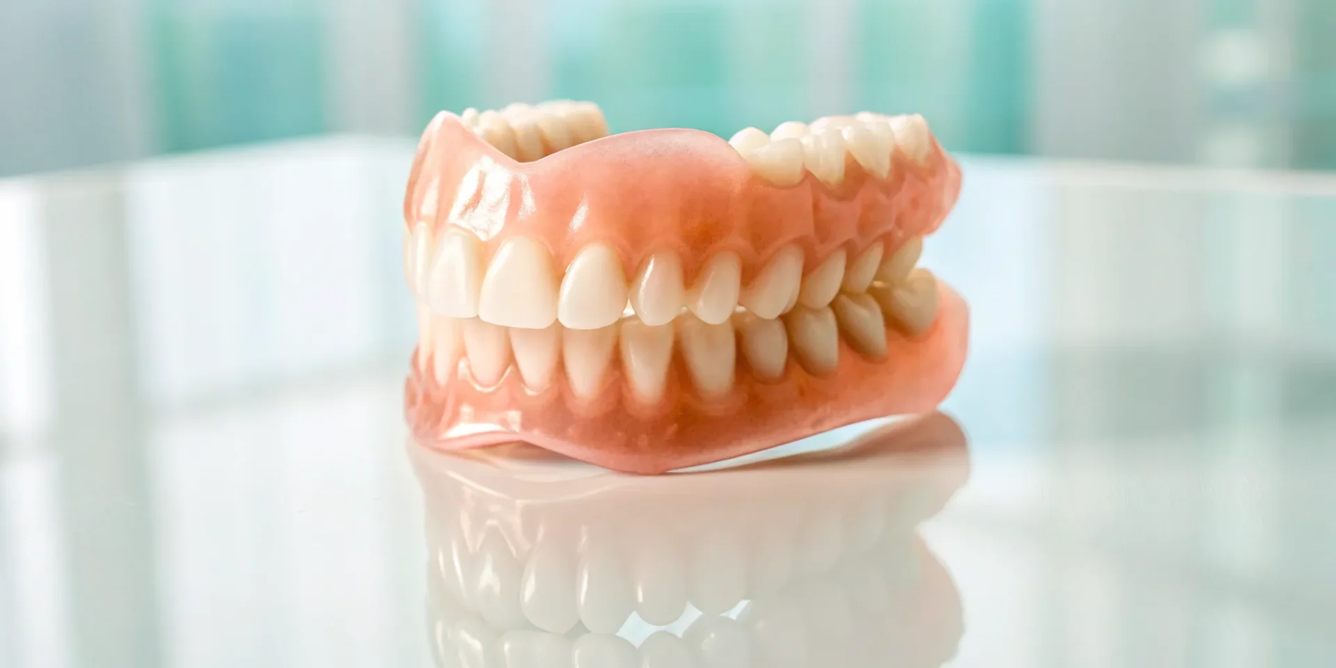 A picture of complete upper and lower dentures.
