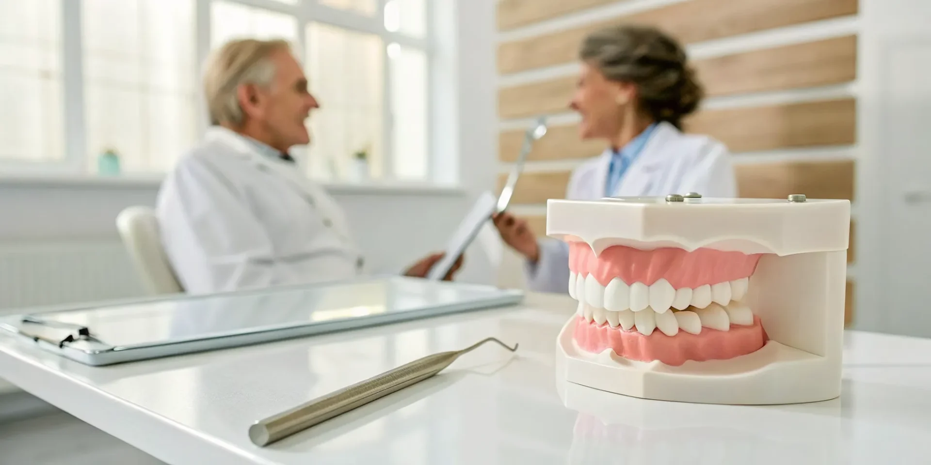 A model of complete dentures for a patient after full teeth removal.