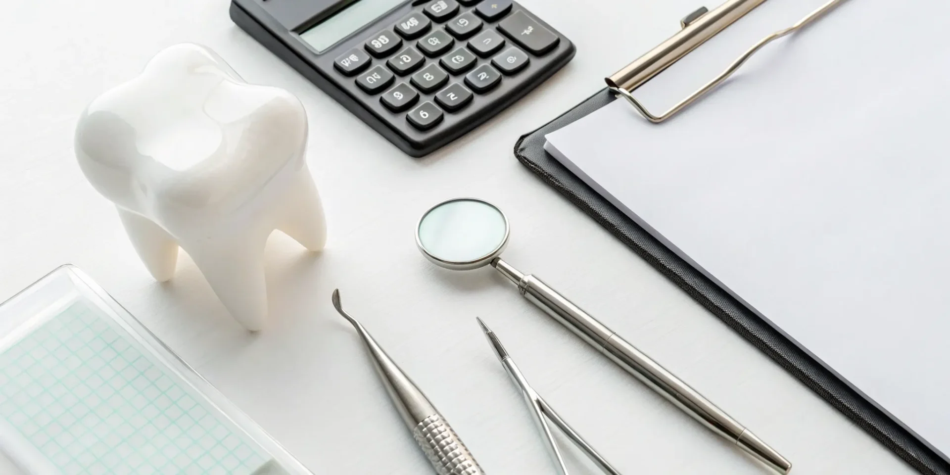 A calculator and tooth model used to determine the cost of a composite filling with insurance.