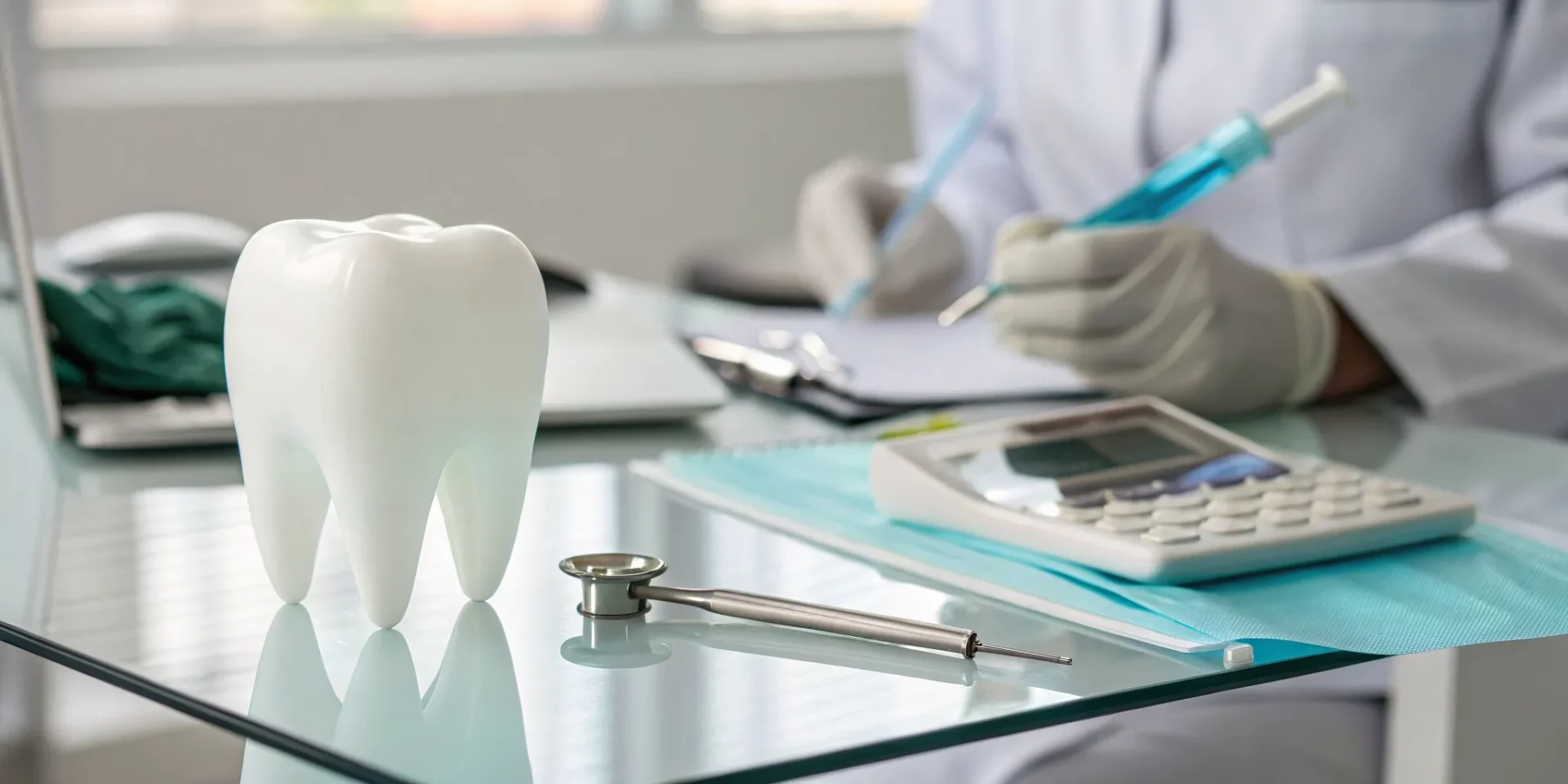 Calculator and tooth model on a dentist's desk to discuss the cost of bonding a chipped tooth.