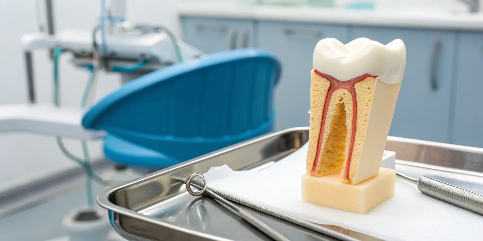 A dental model showing the structure of a core filling used to rebuild a tooth for a crown.