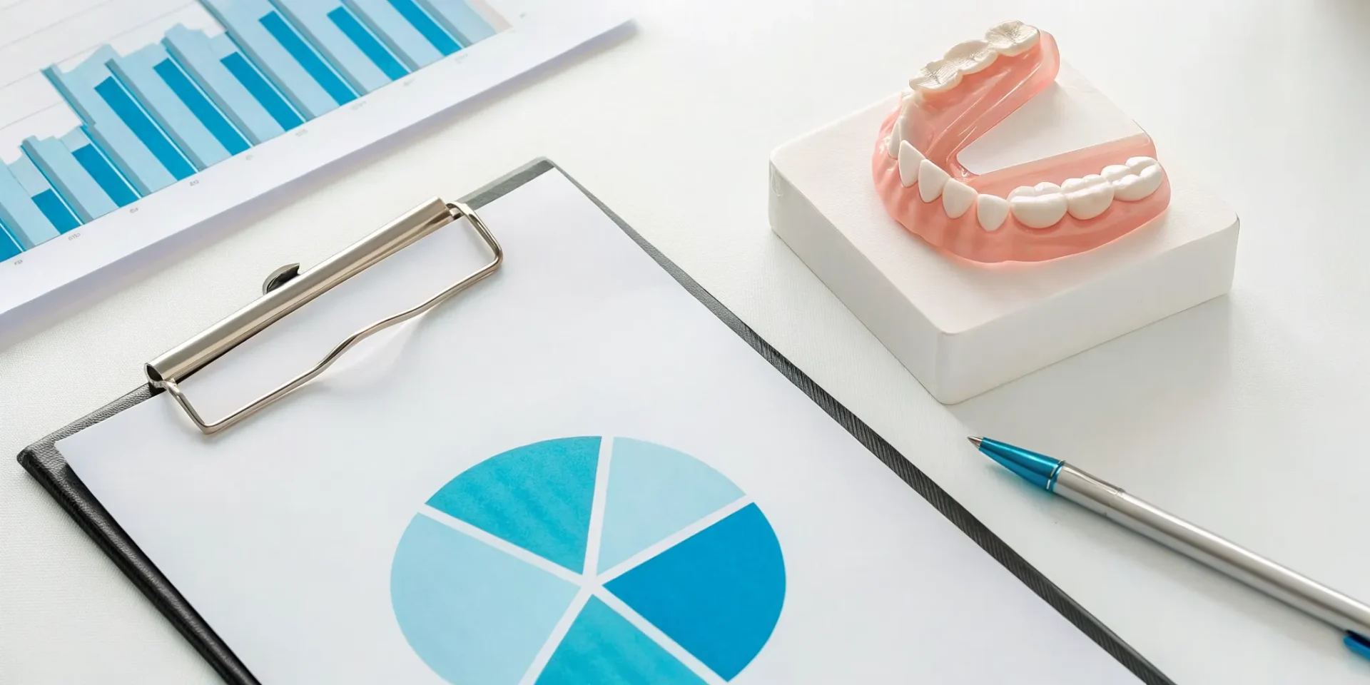 A dentures price list and charts on a desk next to a dental model.