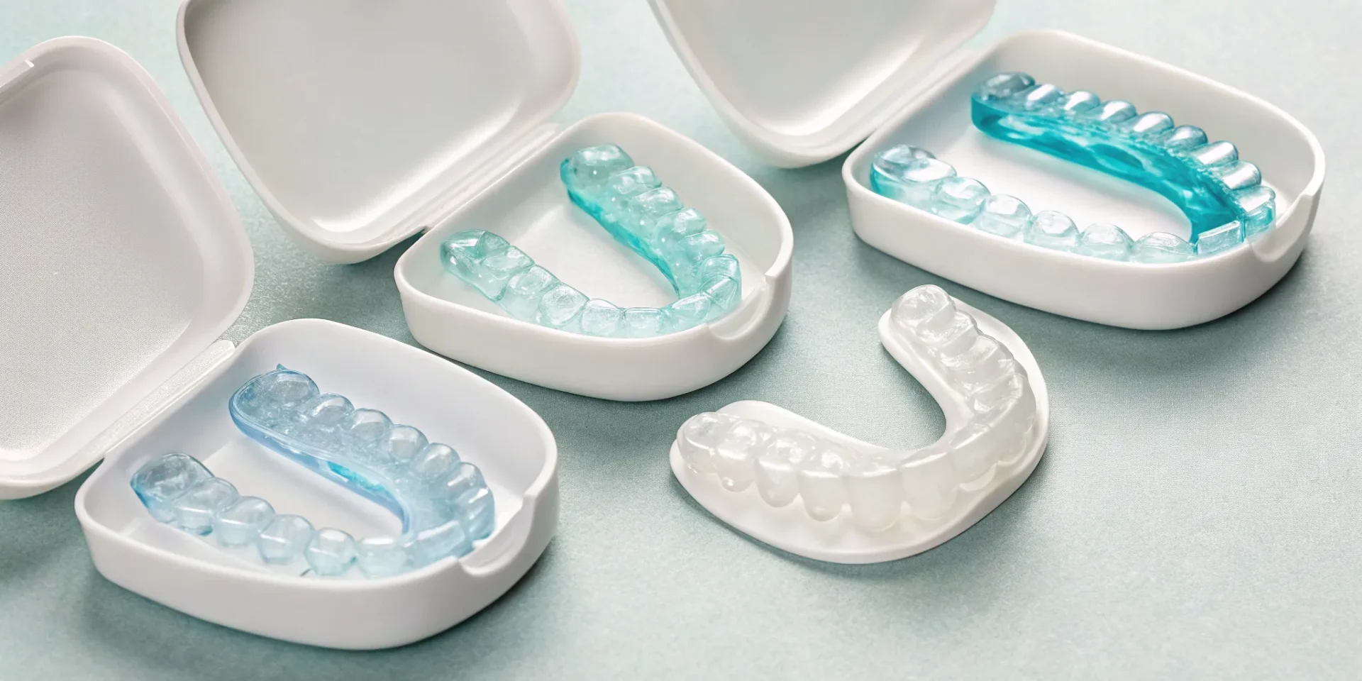 Review of several custom night guards for teeth grinding, each in its protective case.