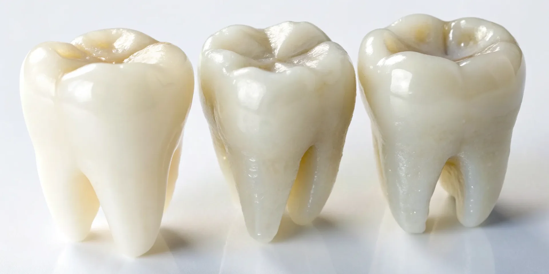 Dental models comparing a filling vs. a dental cap vs. a crown.