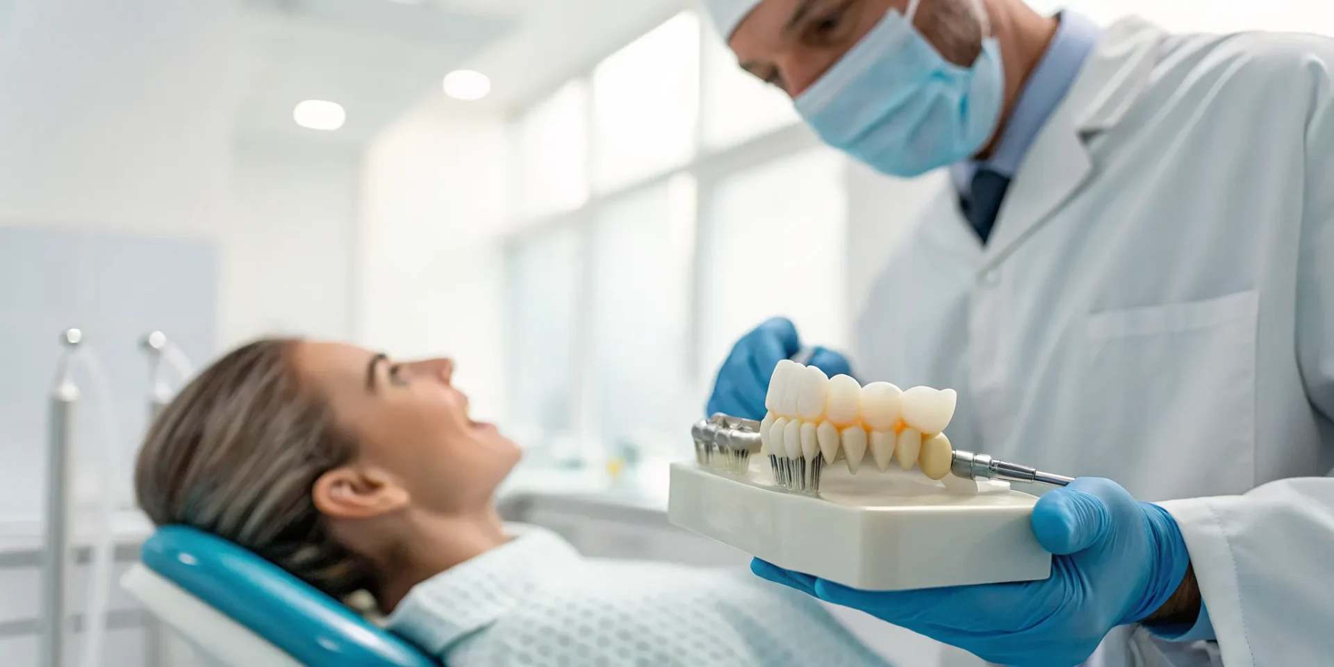 Dentist explaining dental bridge preparation steps to a patient with a model.