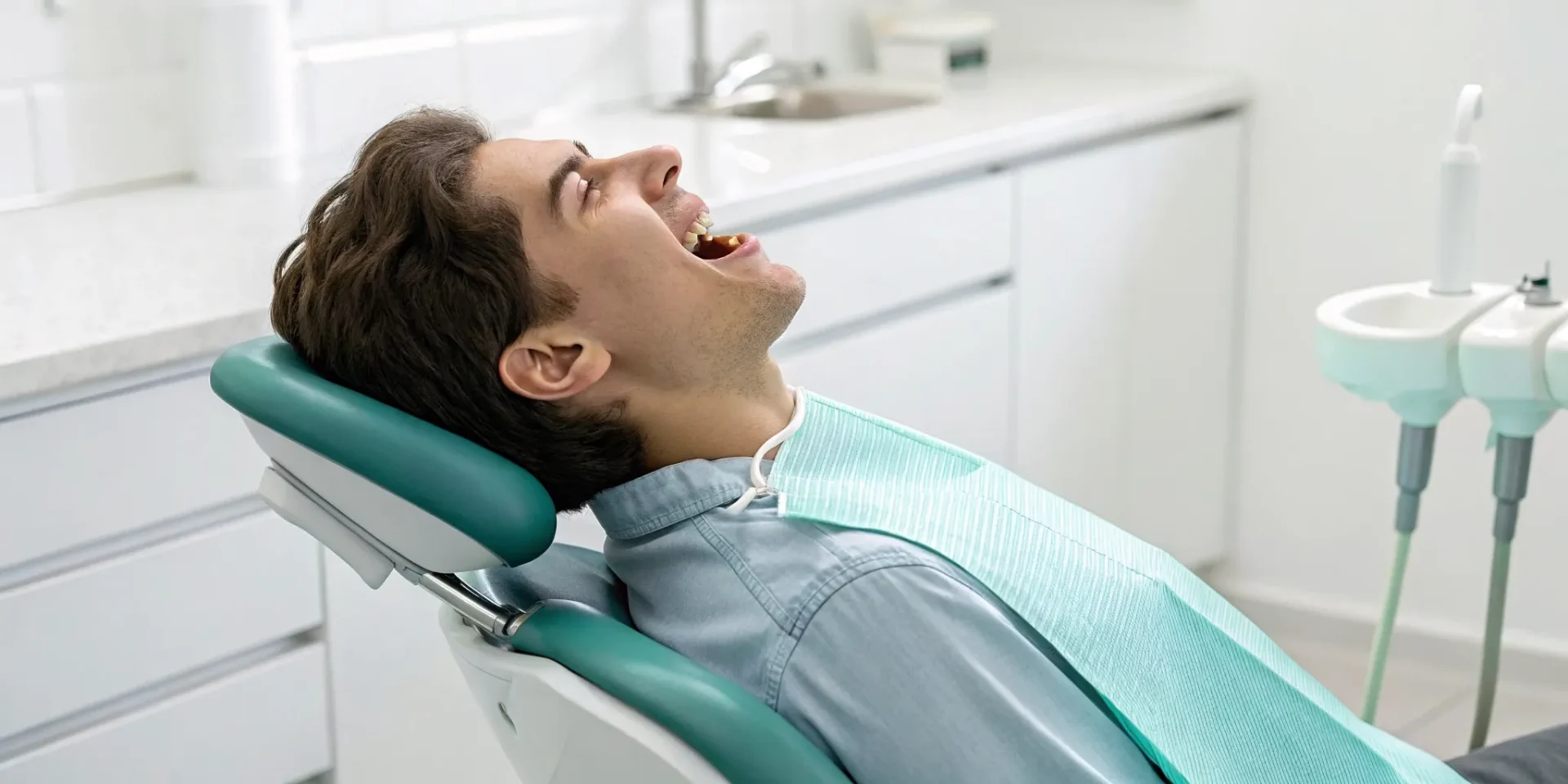 Patient in a dental chair awaiting a dental crown build up procedure.