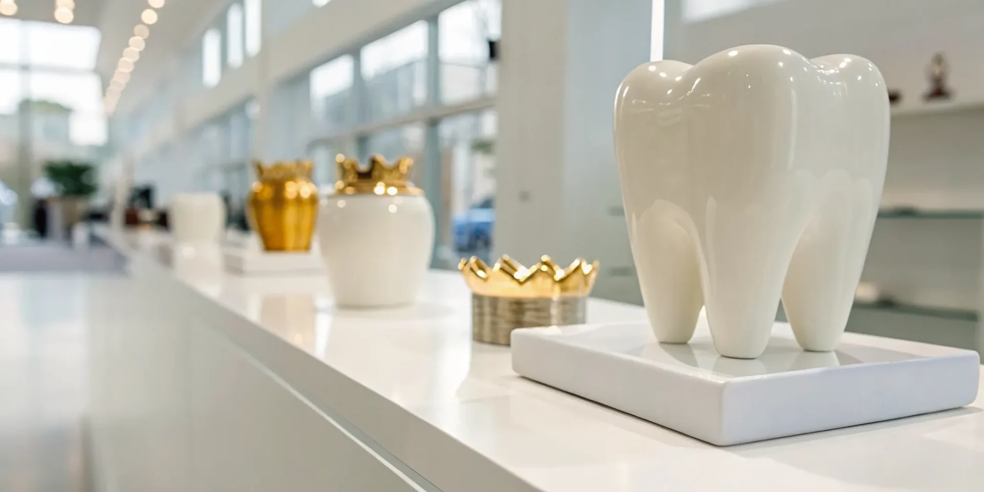 Gold and ceramic dental crowns showing how material choice impacts the total cost.