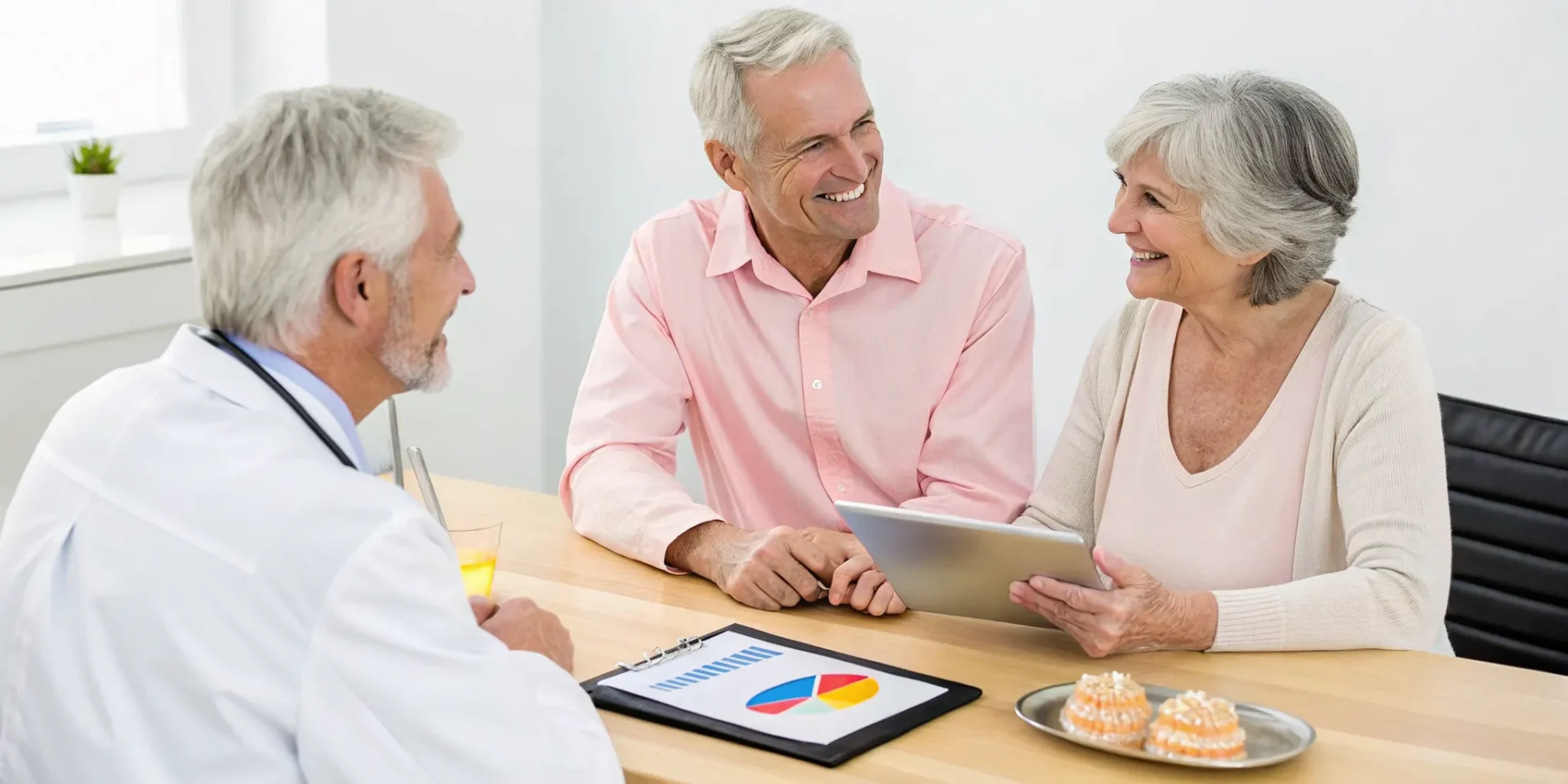 Senior couple discussing the cost of dental implants with a dentist.