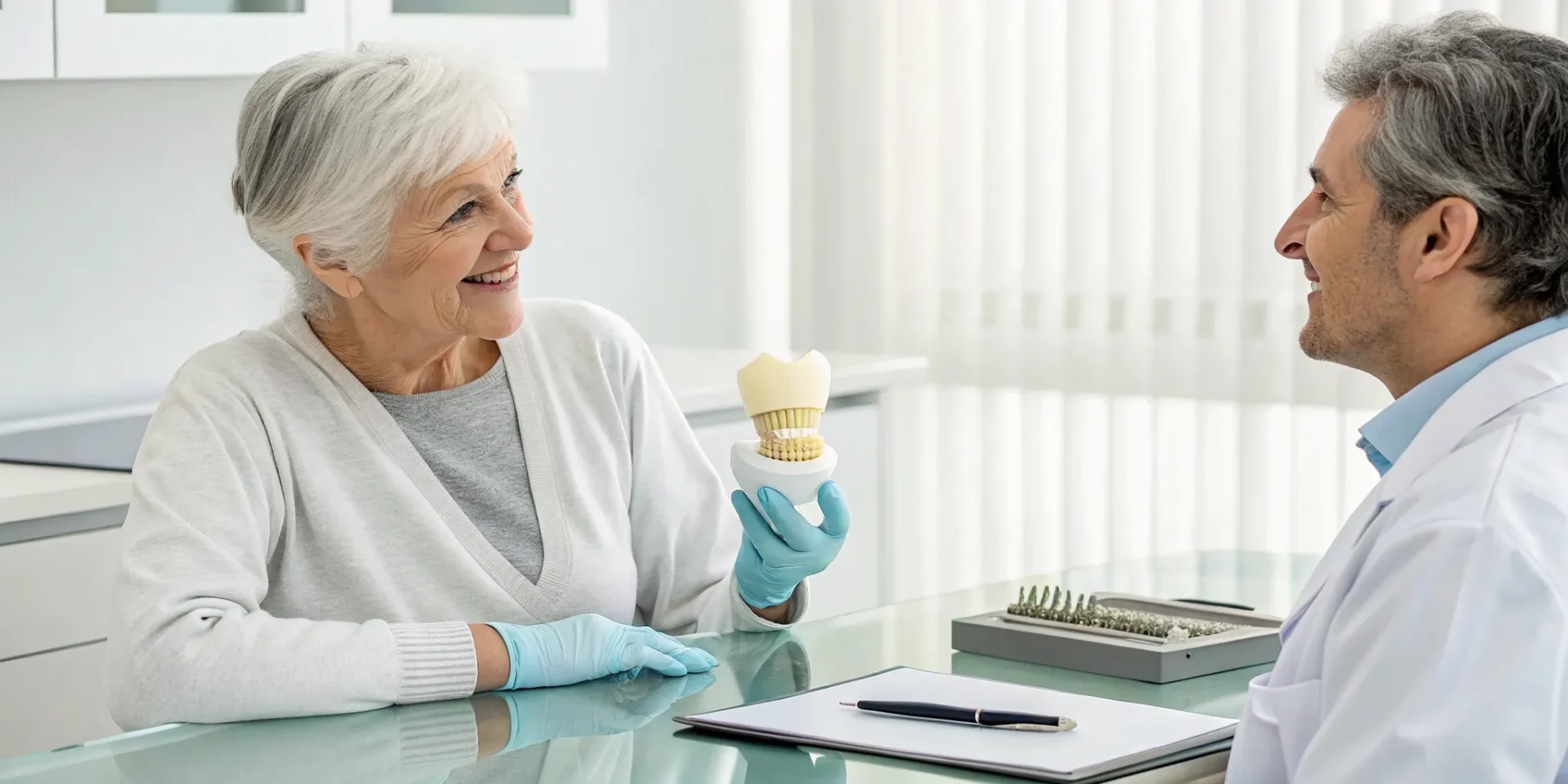 Senior woman discussing dental implants cost with a dentist while holding an implant model.