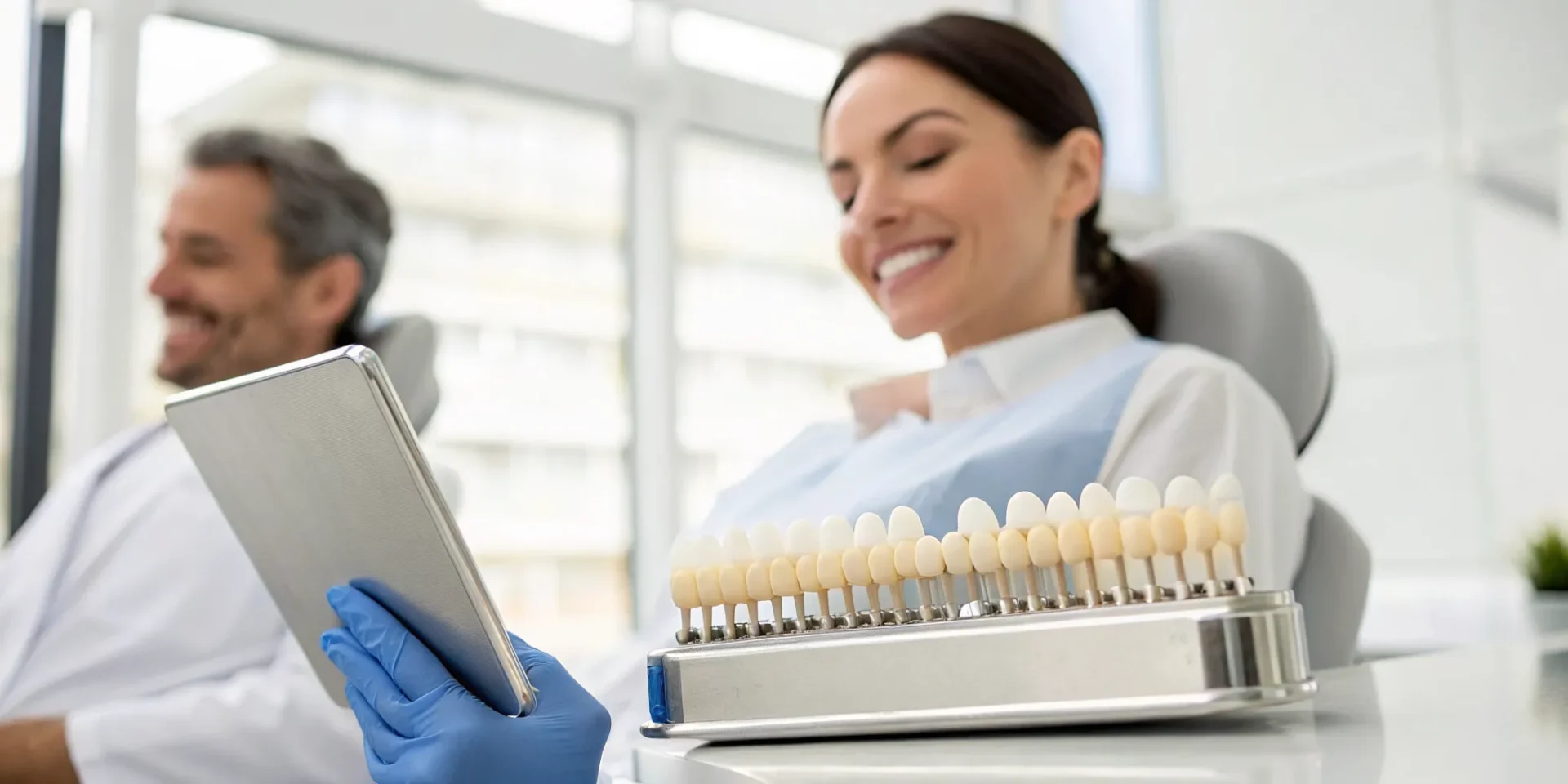 Patient reviewing veneer shades with a dentist to see if insurance covers the treatment.