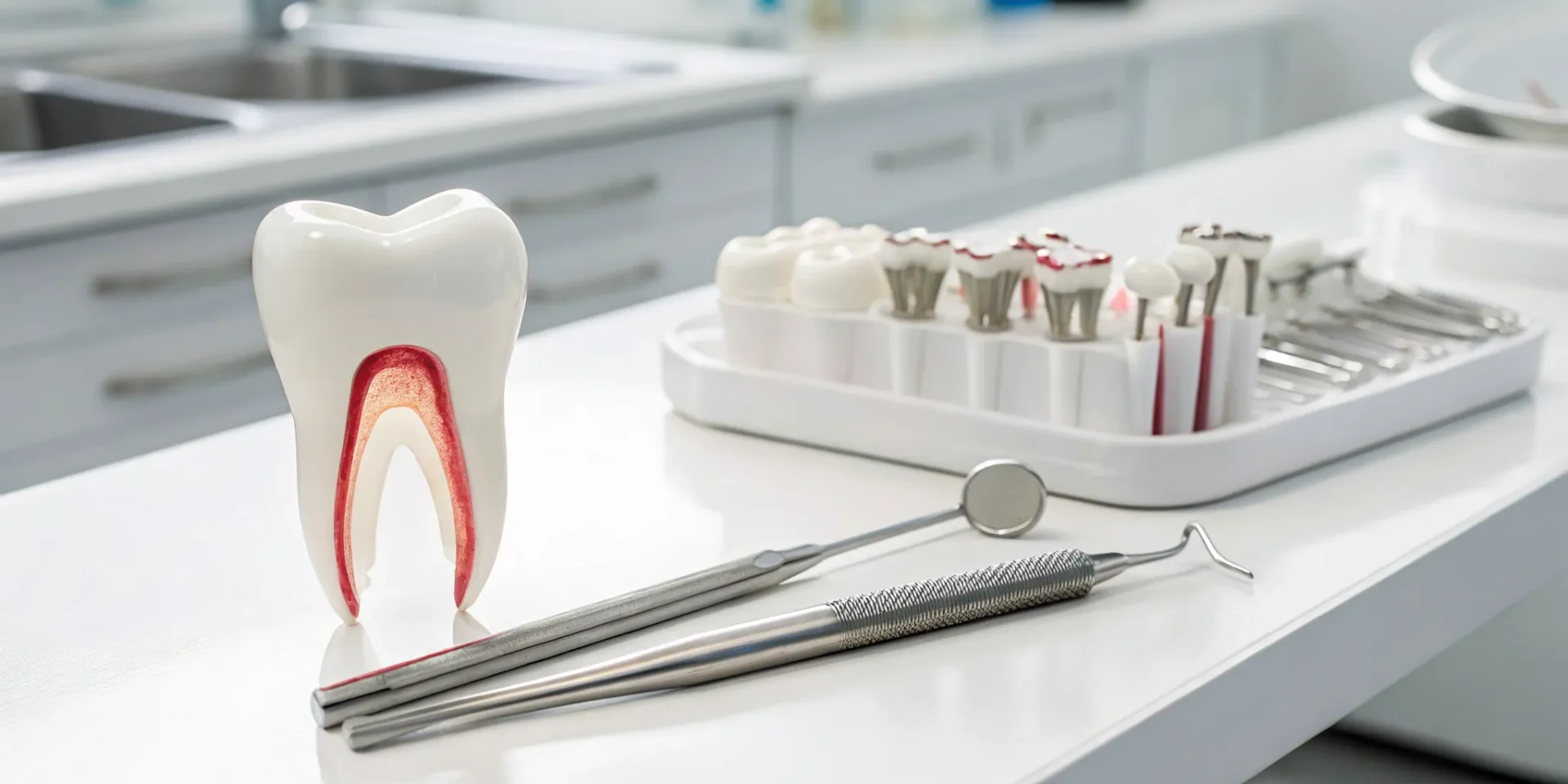 Tooth model and dental tools for failed root canal therapy.