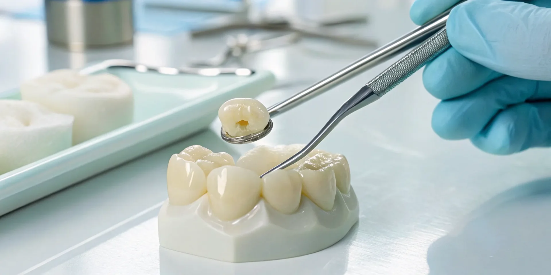 Dentist assessing a badly damaged tooth to determine if it can still get a crown.