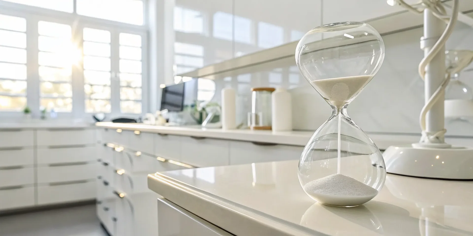 An hourglass timing how long professional teeth whitening lasts.