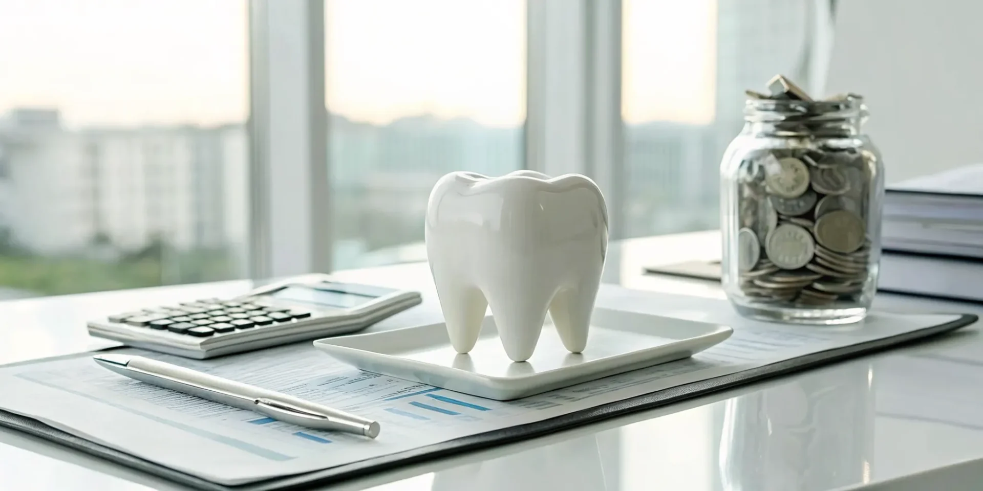 A tooth model, calculator, and coins used to determine how much a crown is without insurance.