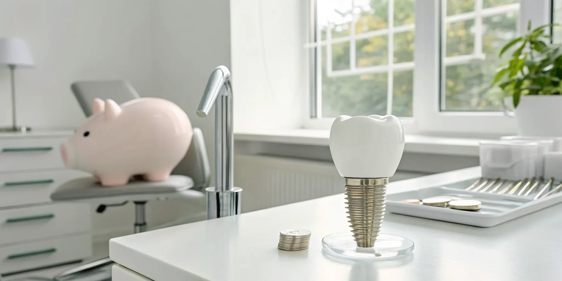 Dental implant model with a piggy bank and coins, showing the cost of dental implants.
