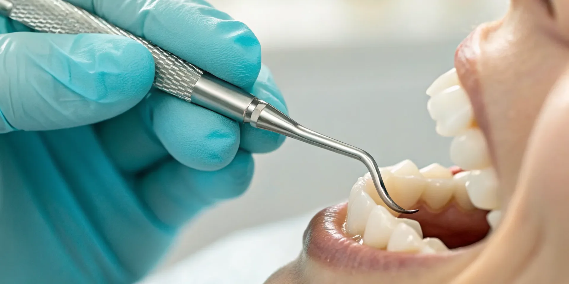 Dentist repairing a chipped tooth with a dental tool.