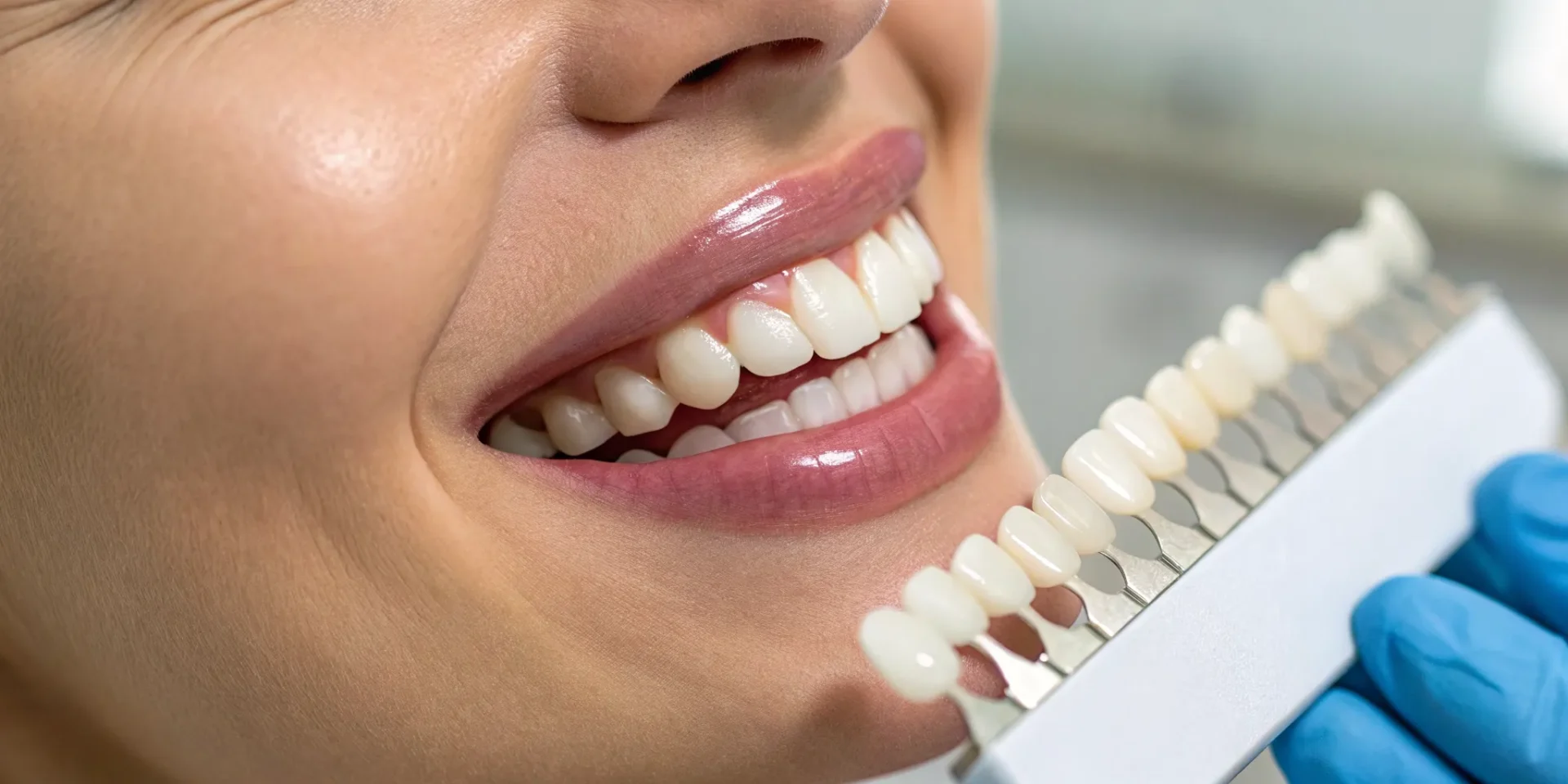 A smile with a shade guide showing how to whiten tooth colored fillings.