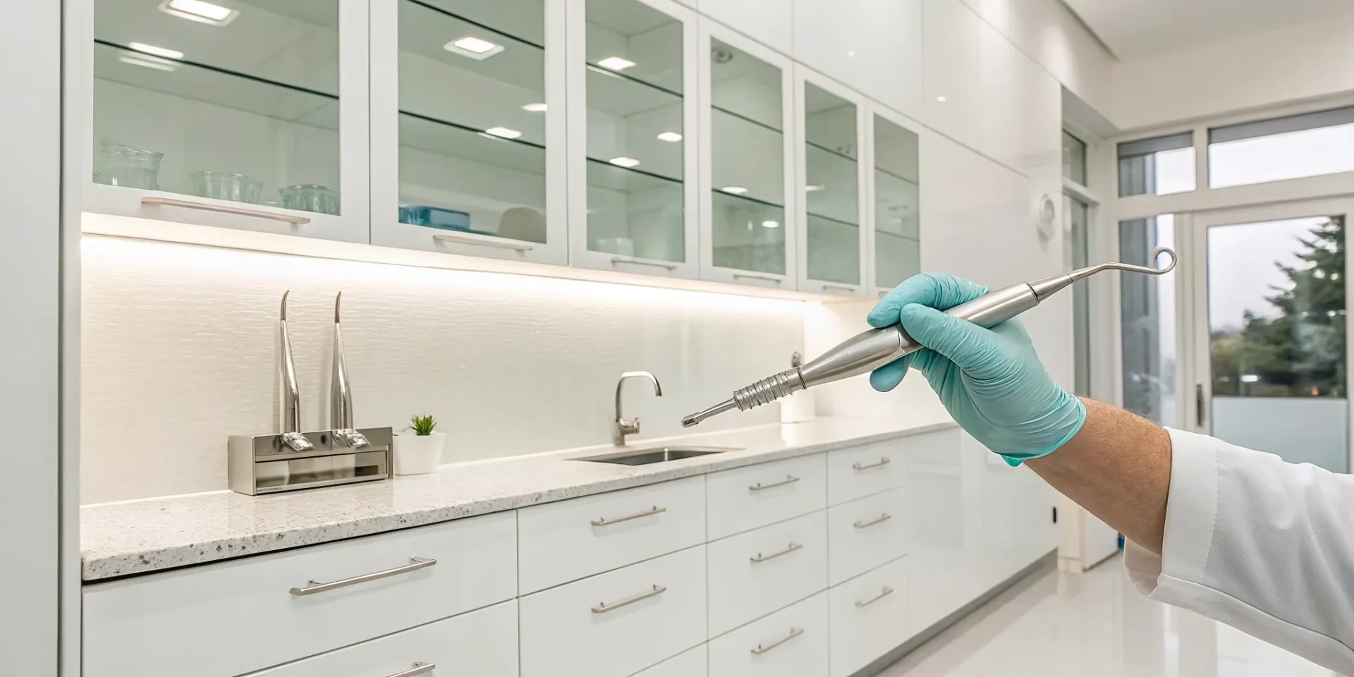 A dental professional holds a scaling tool for a scaling and root planing treatment.