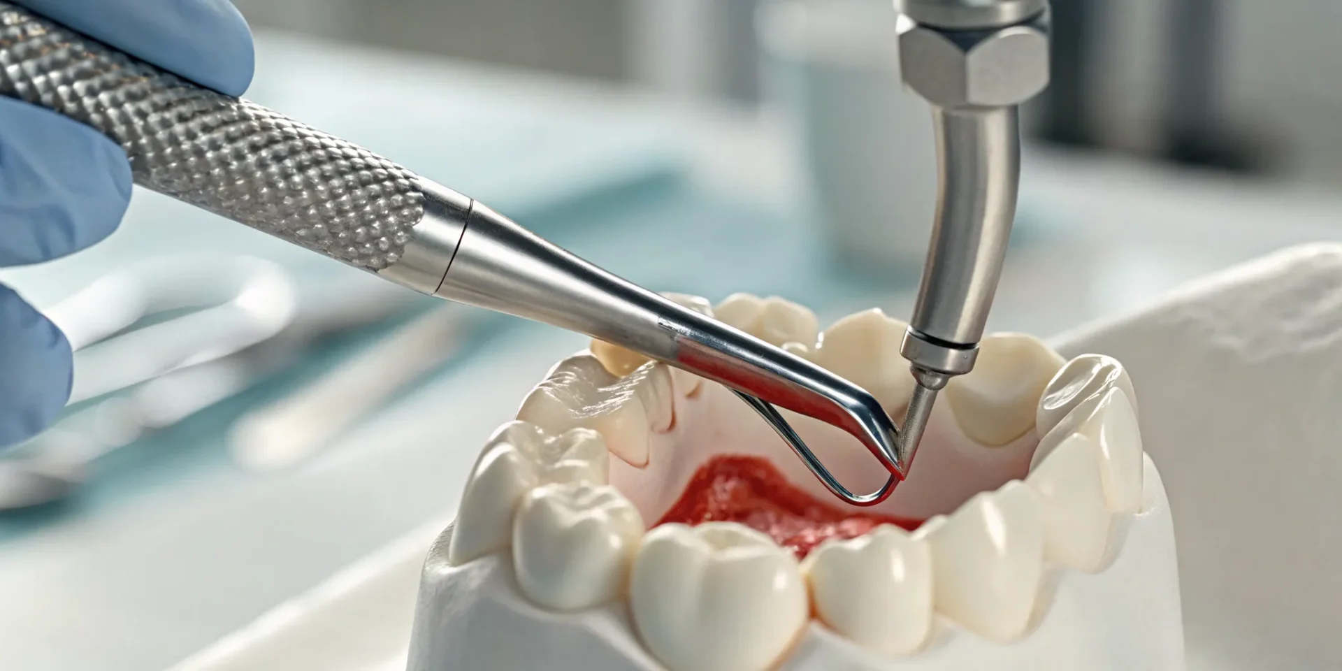 Dental tools performing a surgical erupted tooth extraction on a dental model.