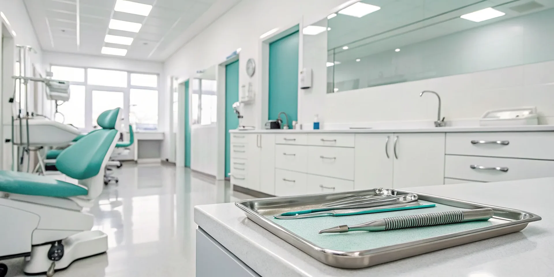 Dental chair and instruments for a crown preparation procedure.