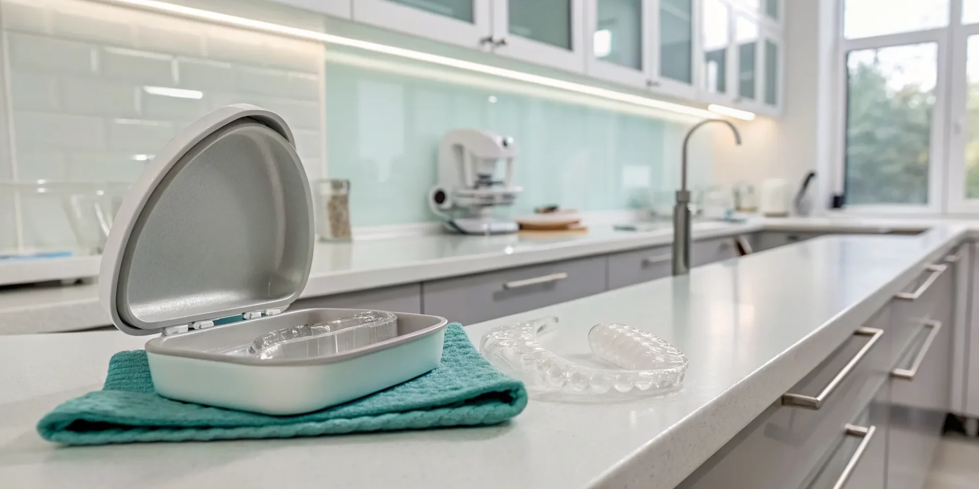A clear dental night guard in its case, offering benefits for teeth grinding and jaw pain.
