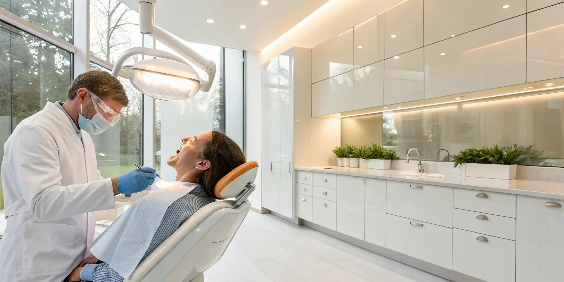 Dentist performing an in-office teeth whitening treatment on a patient.