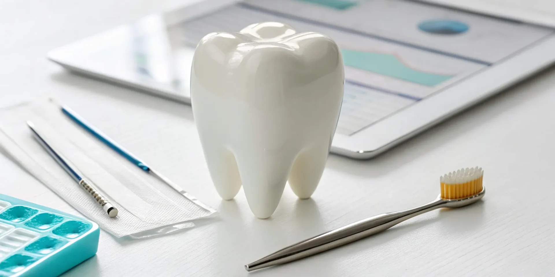A tooth model and dental tools on a desk, covering the D1206 dental code for fluoride varnish.