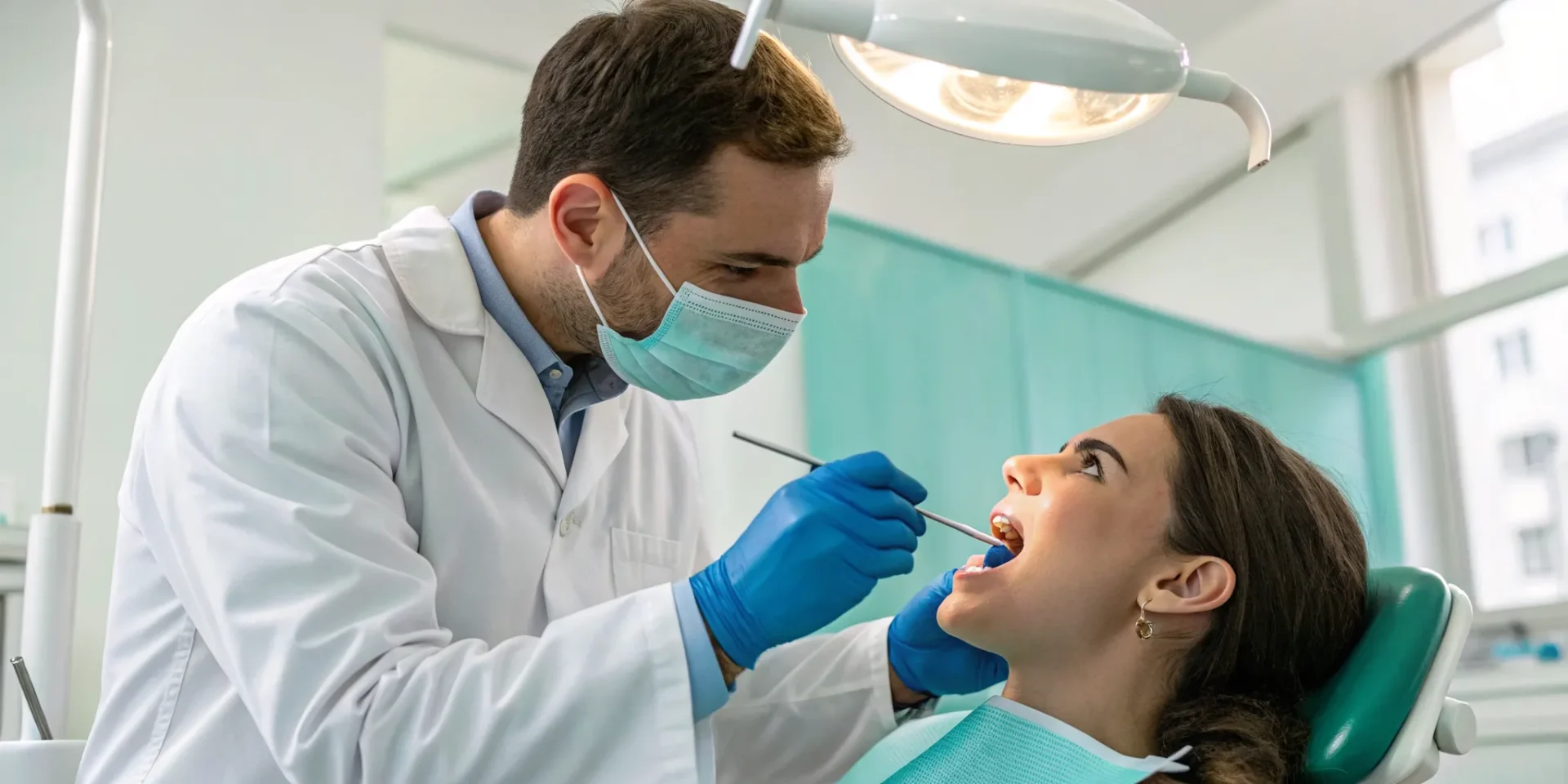 A dentist checks a patient for oral cancer during a screening test.