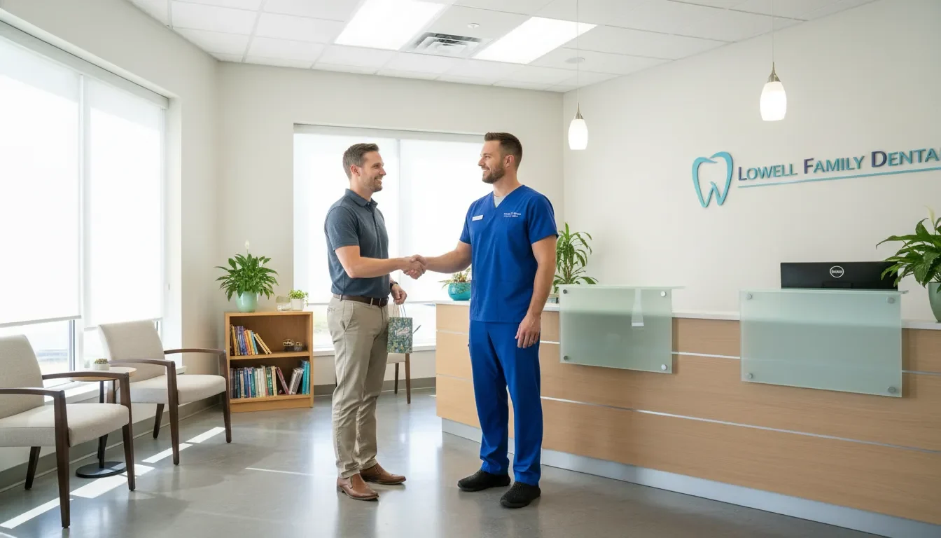 Friendly dentist greeting a patient in a Lowell dental office