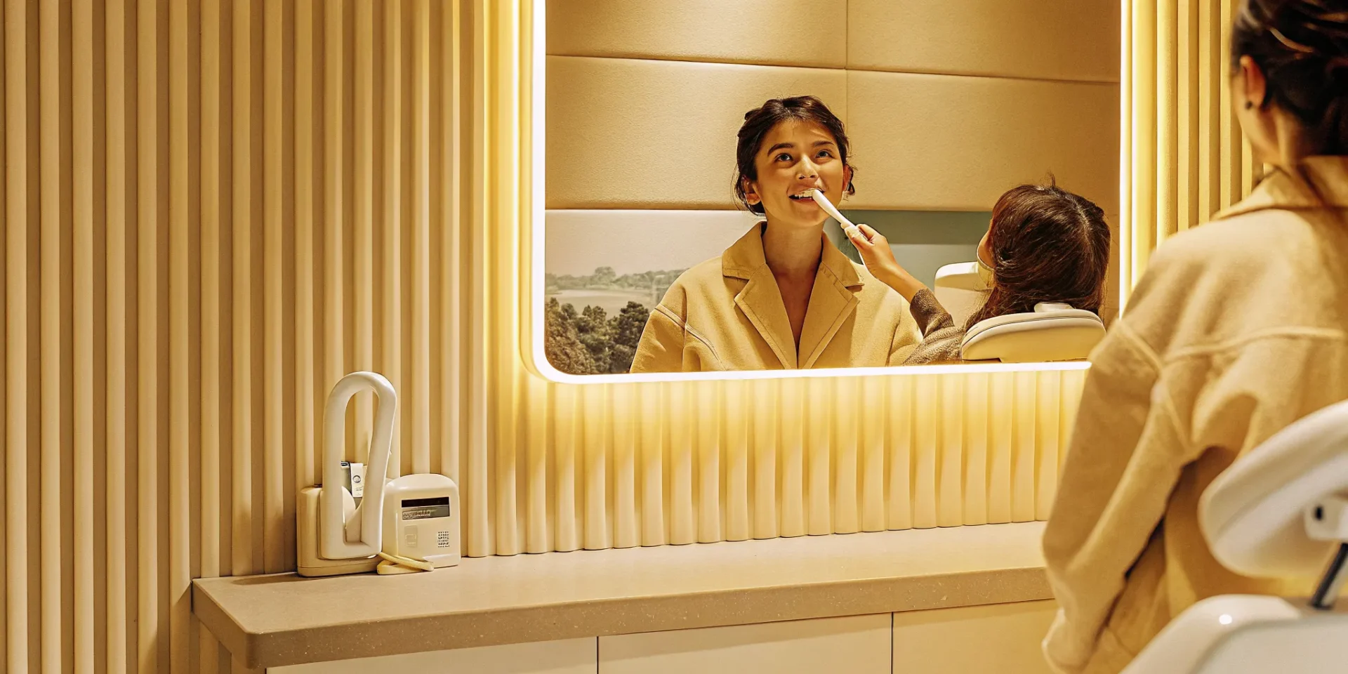 Patient checking their gums while brushing teeth