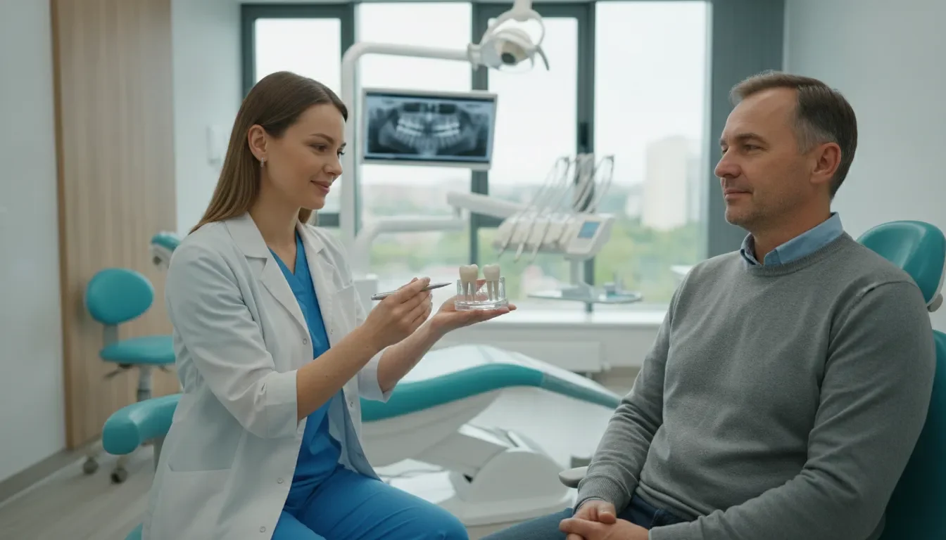 Dentist explaining a ceramic crown and filling to a patient