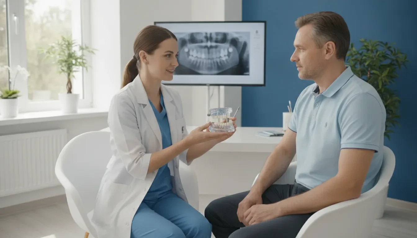 Dentist discussing dental implant cost factors in Lowell MA with a patient