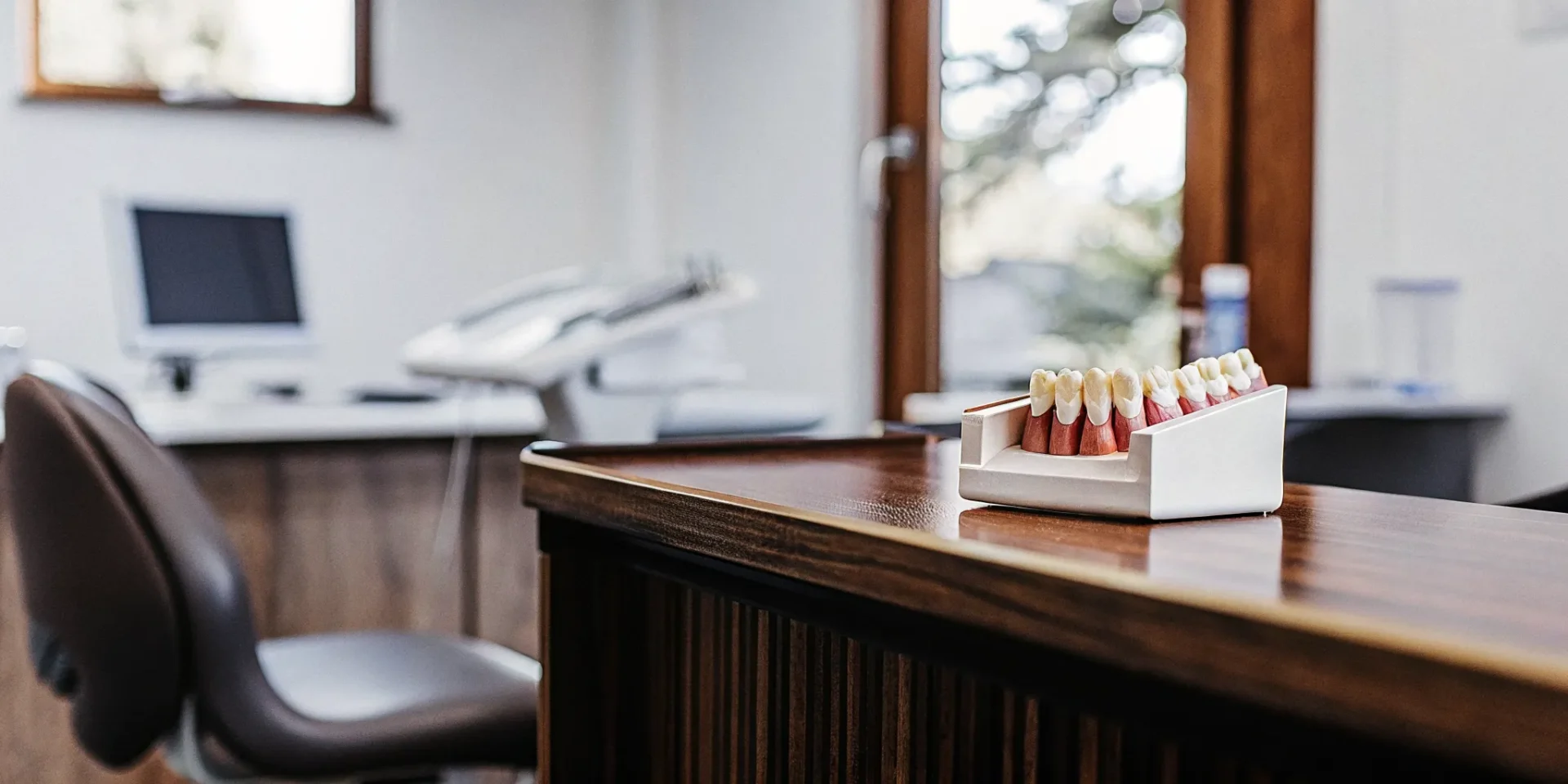 Anatomical dental implant model on a consultation desk in Lowell, MA