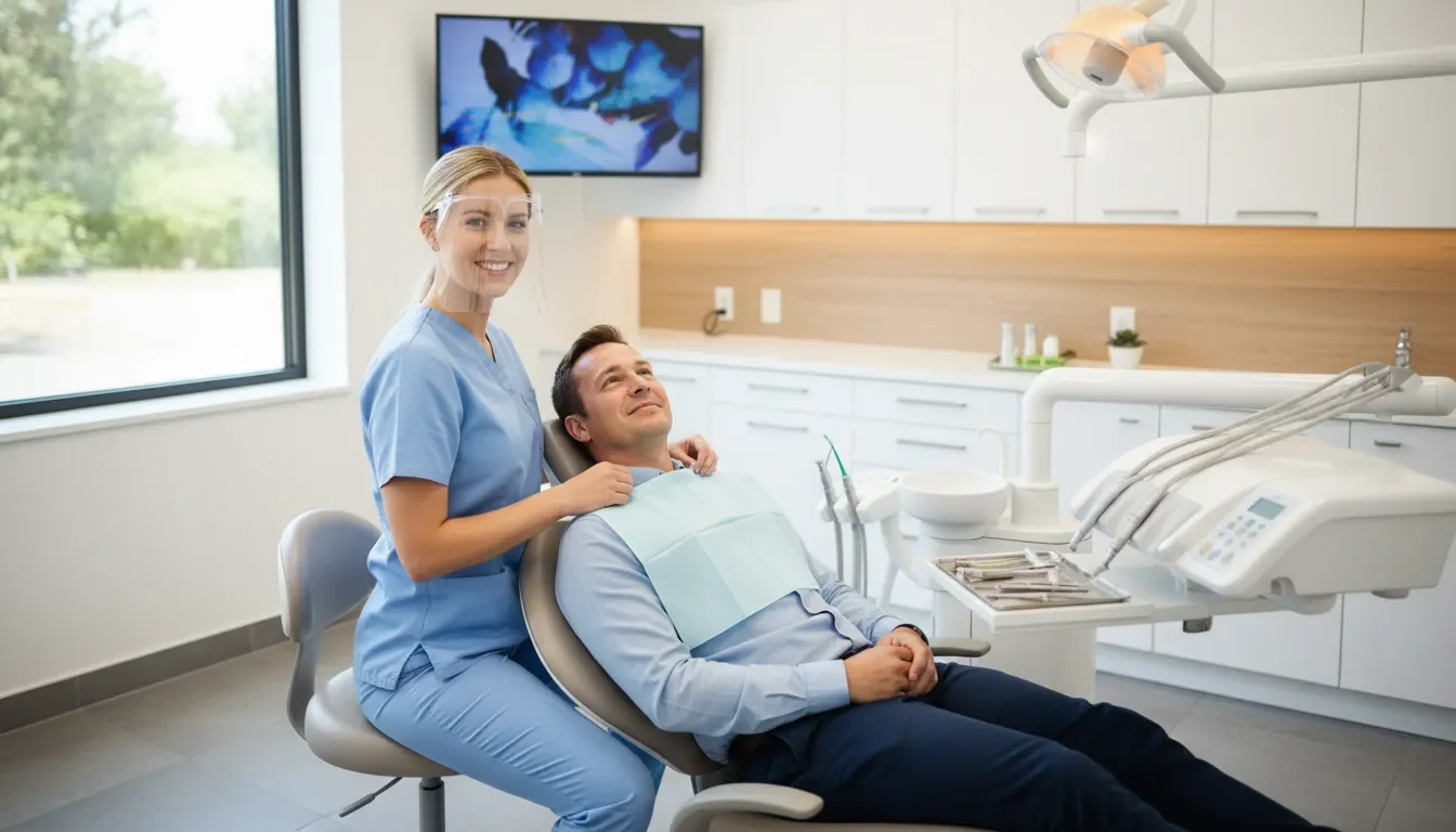 Dental hygienist preparing a patient for a routine cleaning