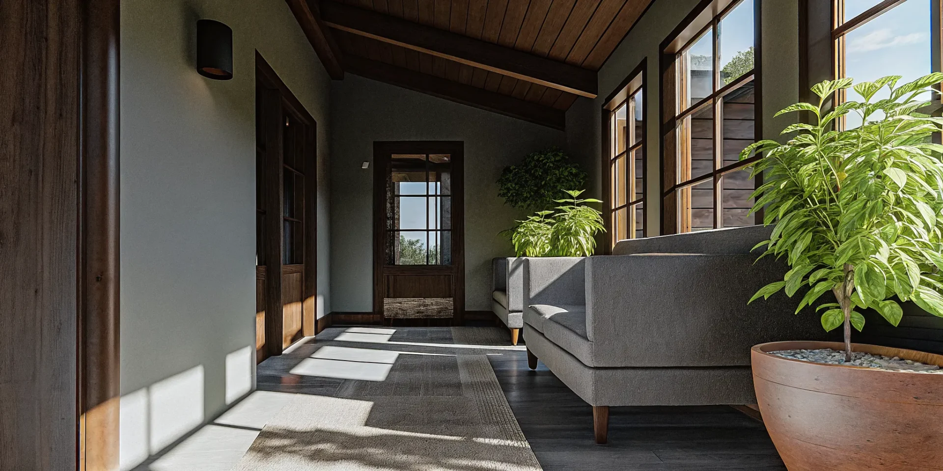 A welcoming, bright, modern dental office interior with warm natural lighting