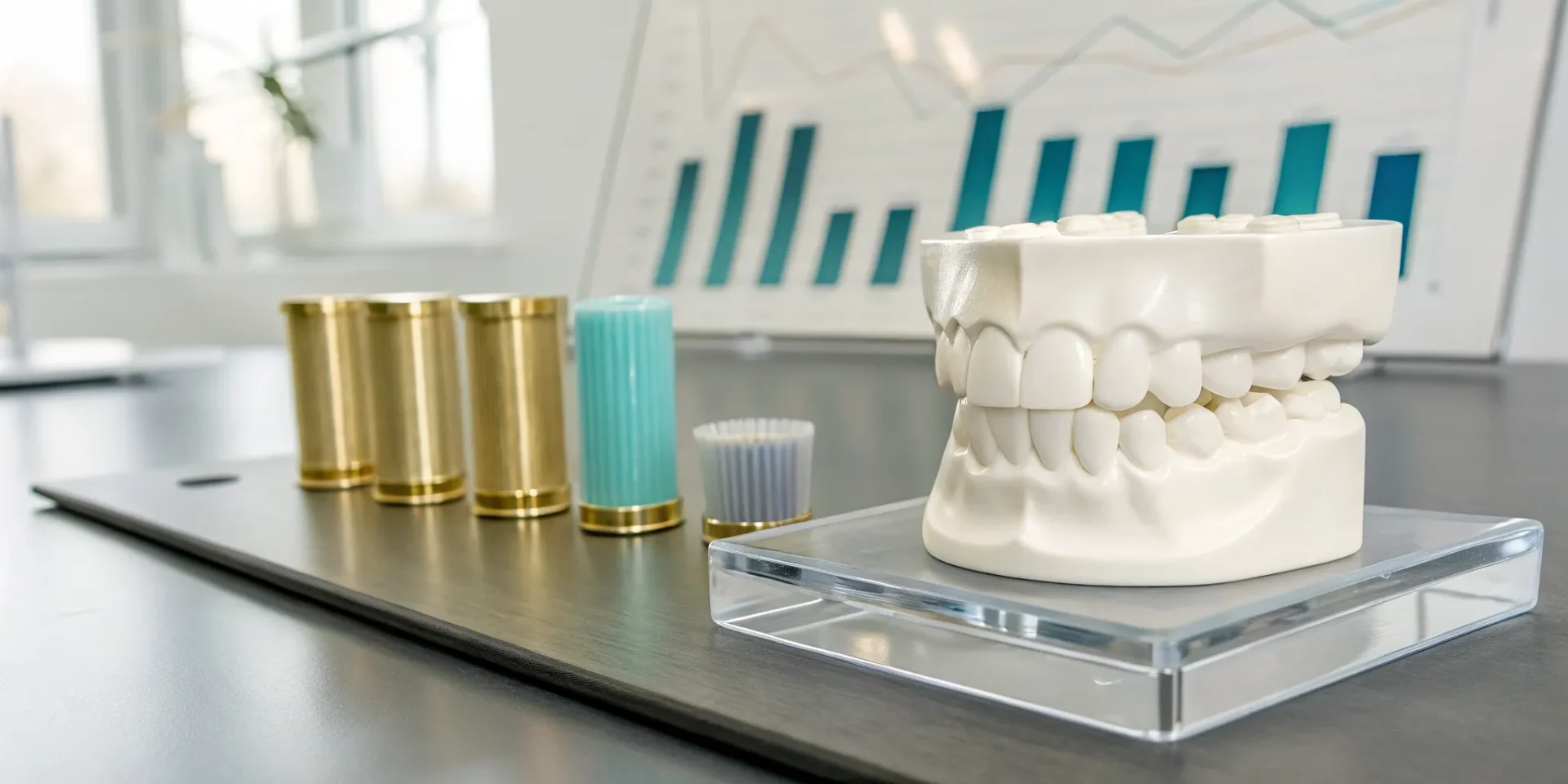 Dental model, tools, and chart for scaling and root planing cost per quadrant.