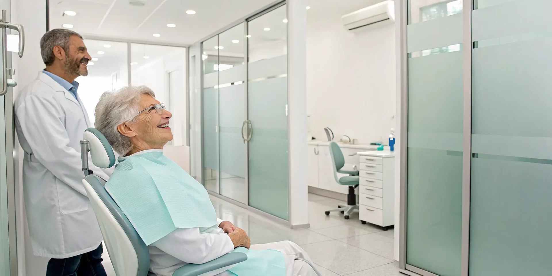 Smiling senior citizen discussing her dental care plan with a dentist.