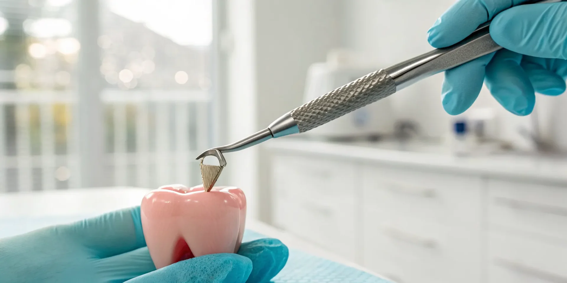 Dentist using a tool on a dental model for a non-surgical tooth extraction.