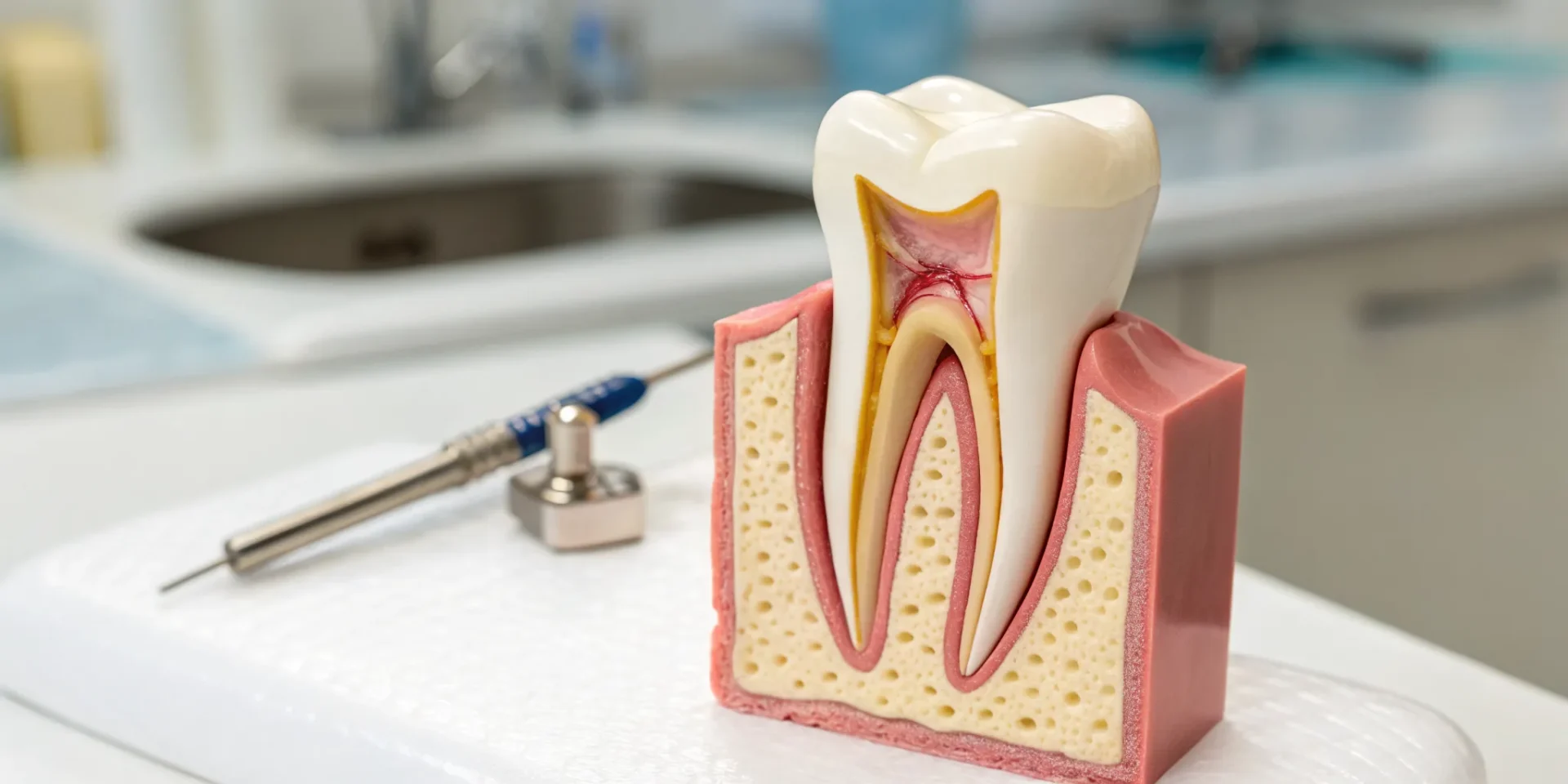 A dental post and crown procedure shown on a cross-section model of a tooth.