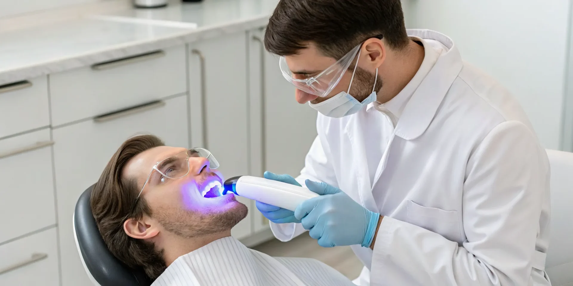 Dentist performing ViziLite oral cancer screening on a patient.