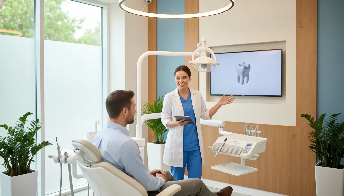 Dentist welcoming a new patient for a first dental visit