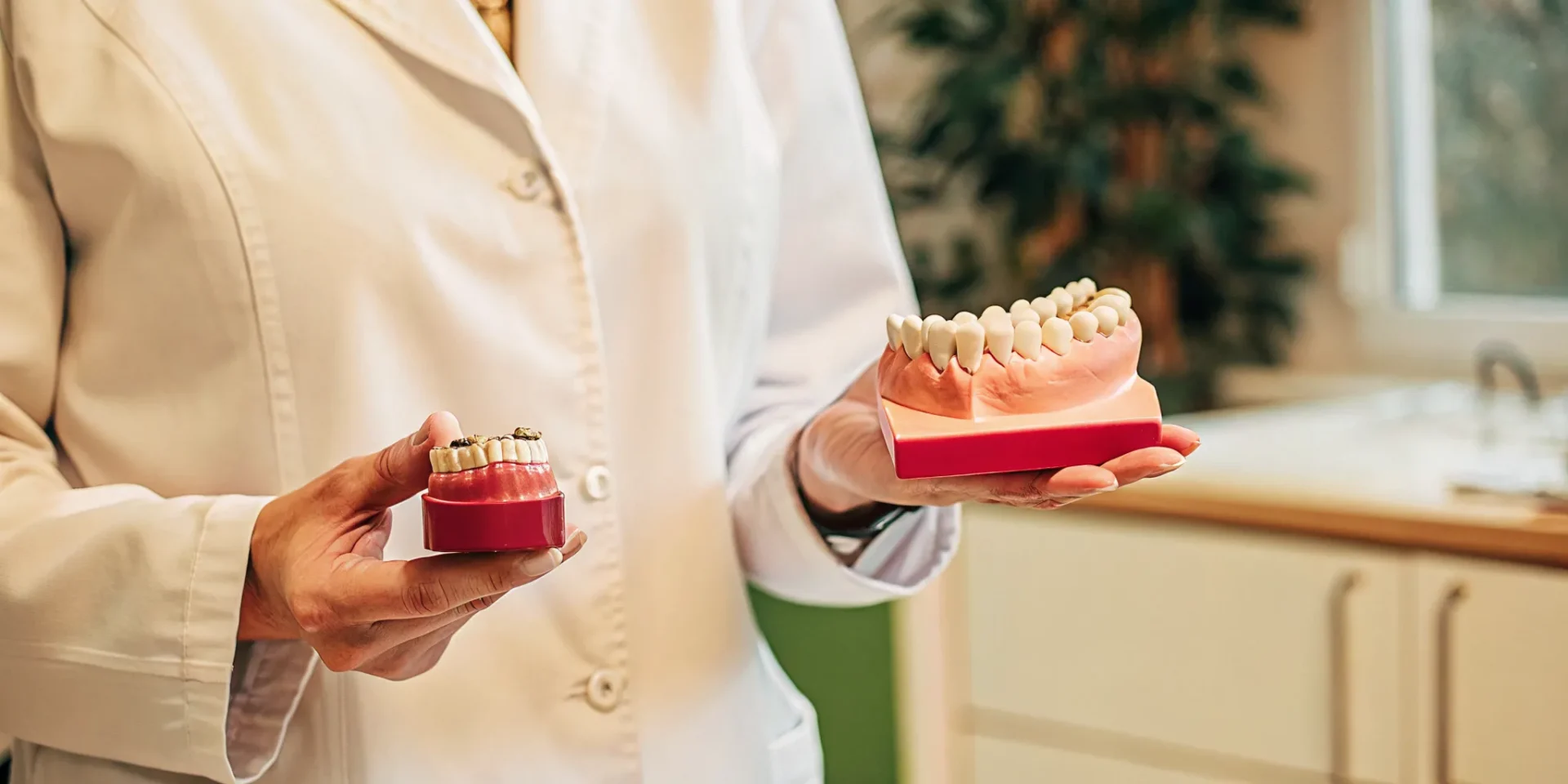 Dentist examining dental models of a crown and veneer in a modern dental office