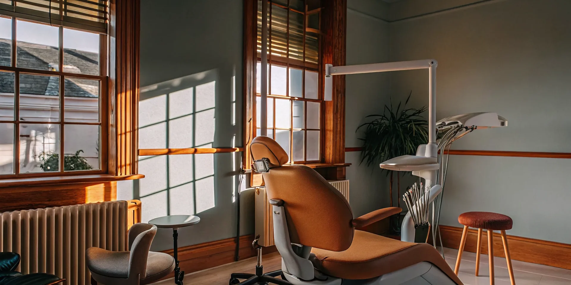 A warm and professional dental consultation office with soft lighting representing dental implants versus dentures