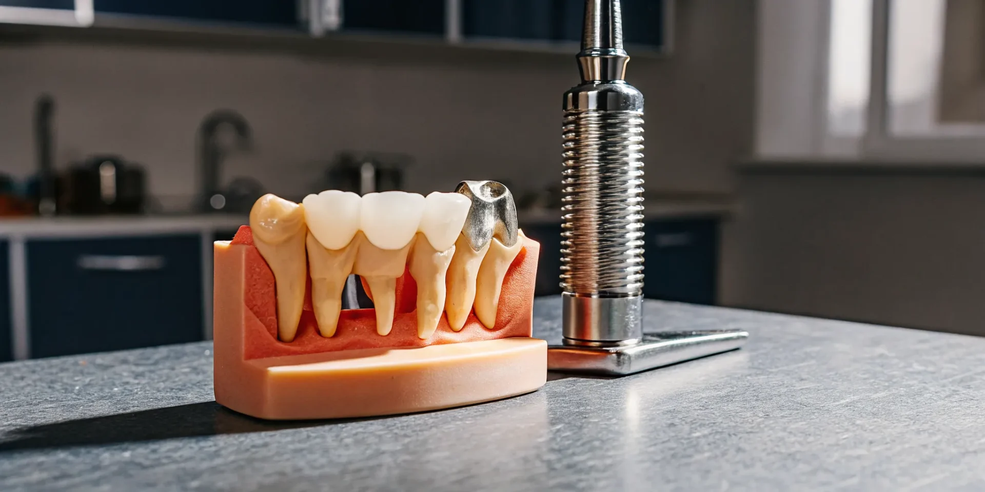 Dental implant post and crown on a dental model in a professional clinic setting