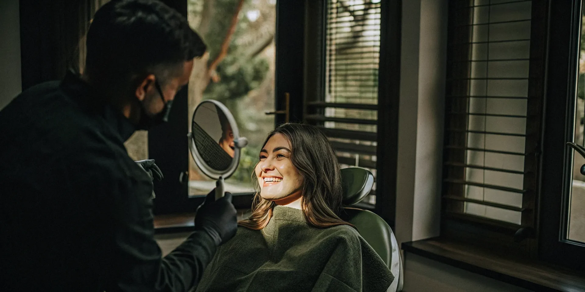 Woman with porcelain veneers smiling during a dental examination in a modern office