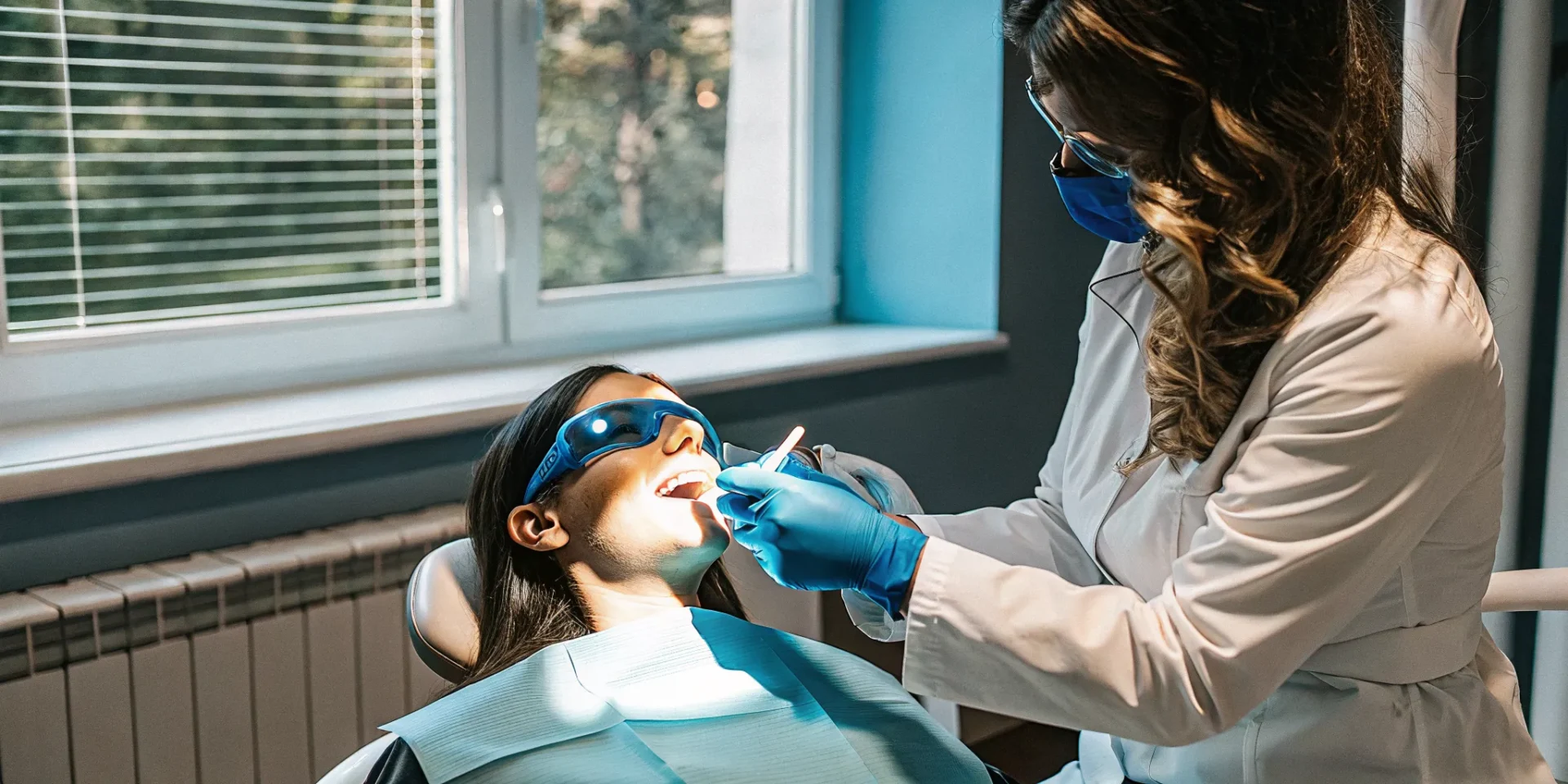 Dental professional preparing teeth whitening treatment for a patient in a modern dental office