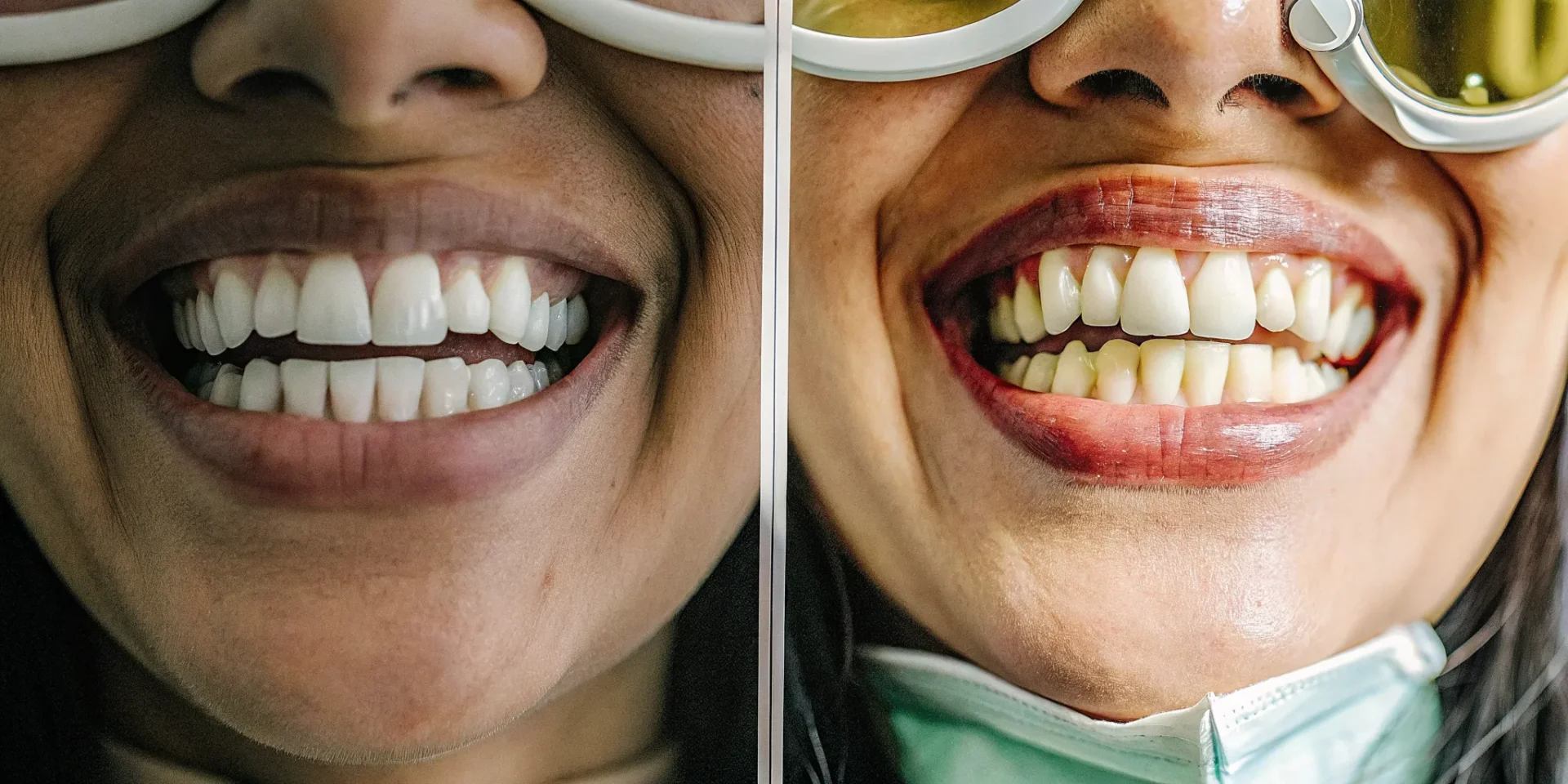 Side-by-side comparison of a porcelain veneer and dental bonding restoration on two front teeth in a clean dental clinic setting