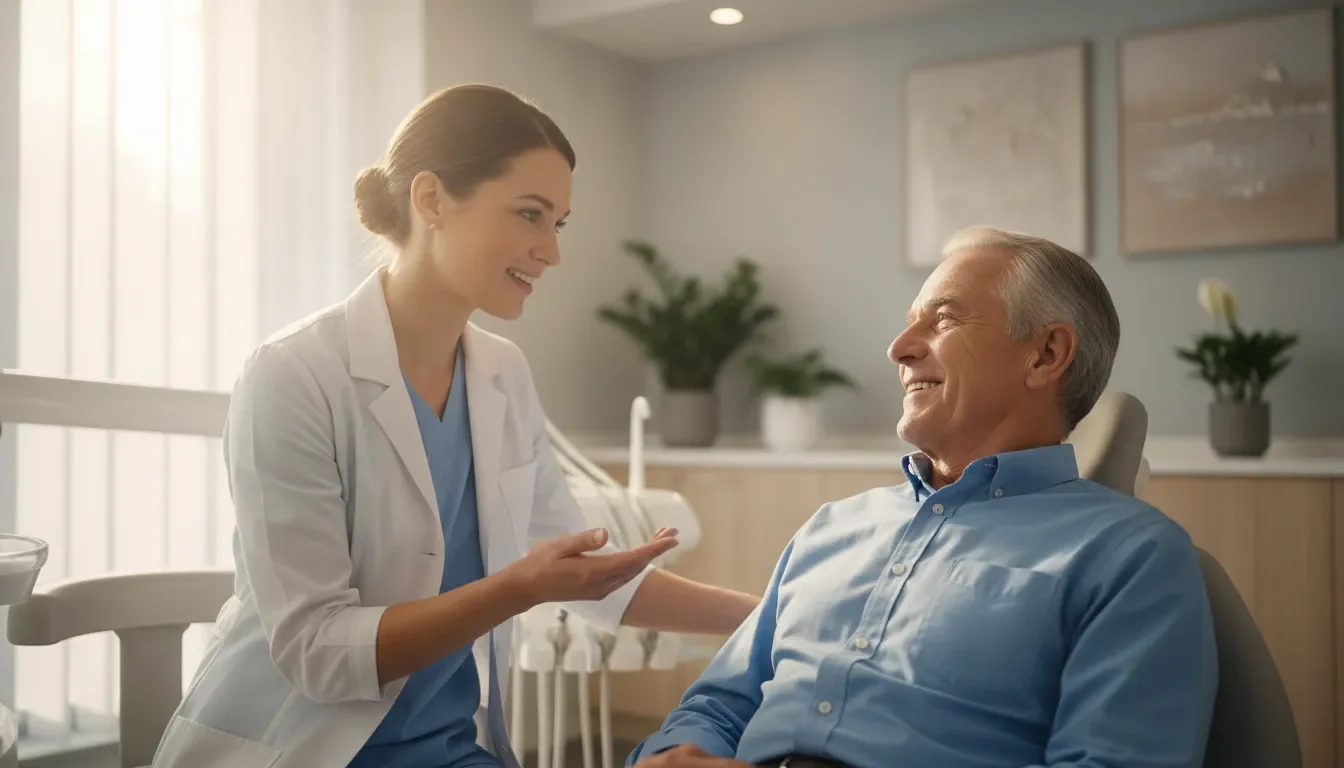 Dentist speaking with a smiling senior patient in a bright dental office